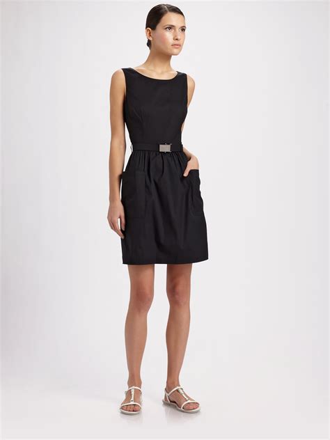 prada classic black dress|Prada sleeveless belted black dress.